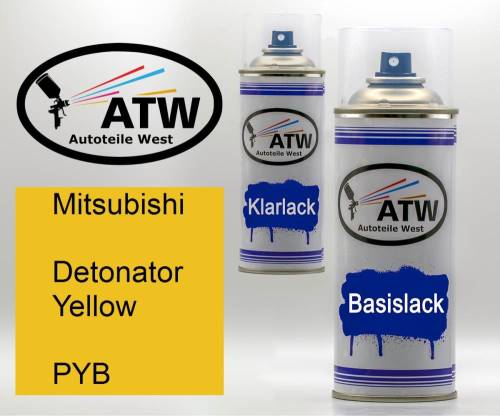Mitsubishi, Detonator Yellow, PYB: 400ml Sprühdose + 400ml Klarlack - Set, von ATW Autoteile West.